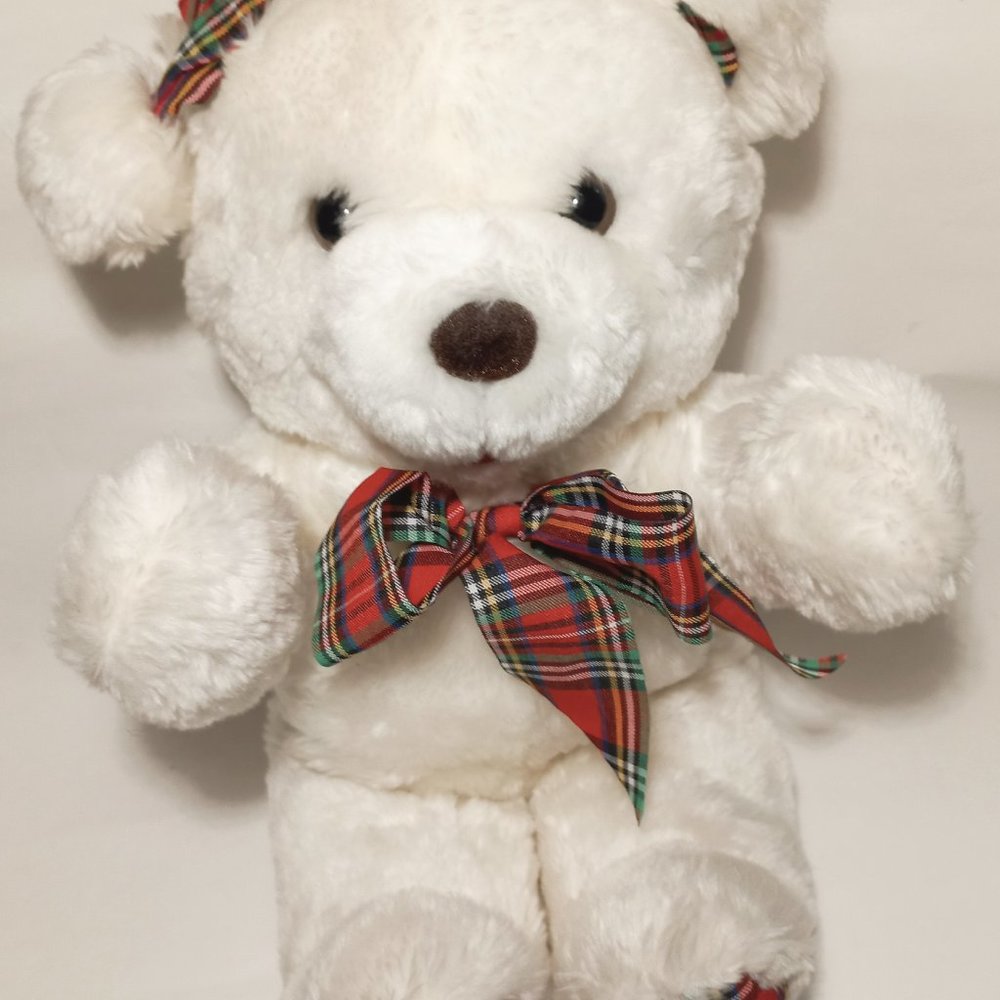 Cuddle Wit Christmas White Plush Bear Toy Plaid Santa Hat and Bow 14 Inch